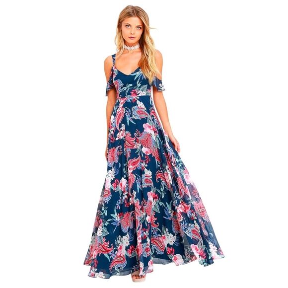 Lulu's Dresses & Skirts - Lulus Romantic Fantasy Pink & Blue Floral Paisley Print Maxi Dress, Size Small